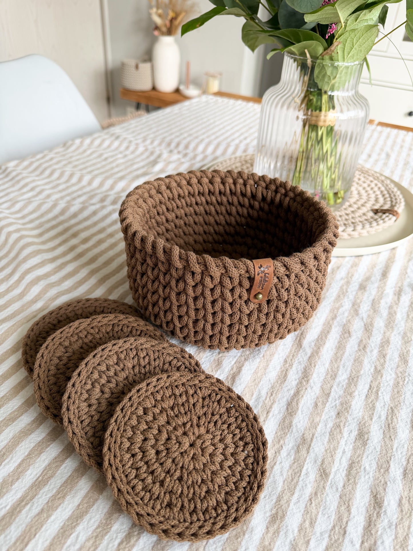 Häkelkorb + Glasuntersetzer nut brown