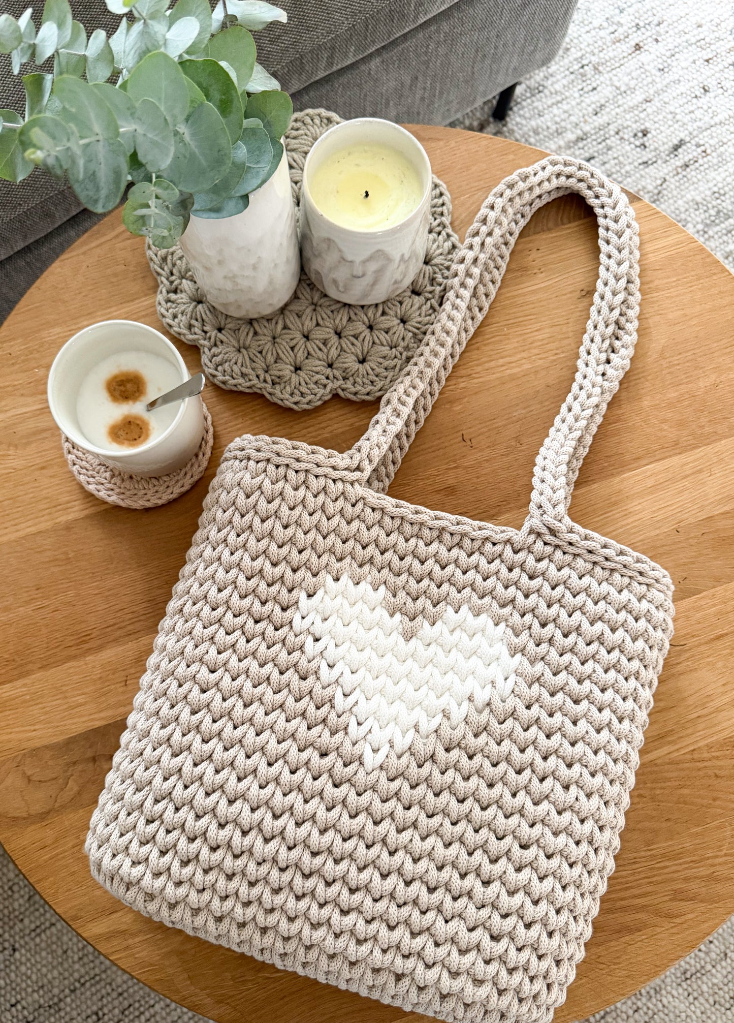 Häkeltasche "Herz" Shopper beige/off white