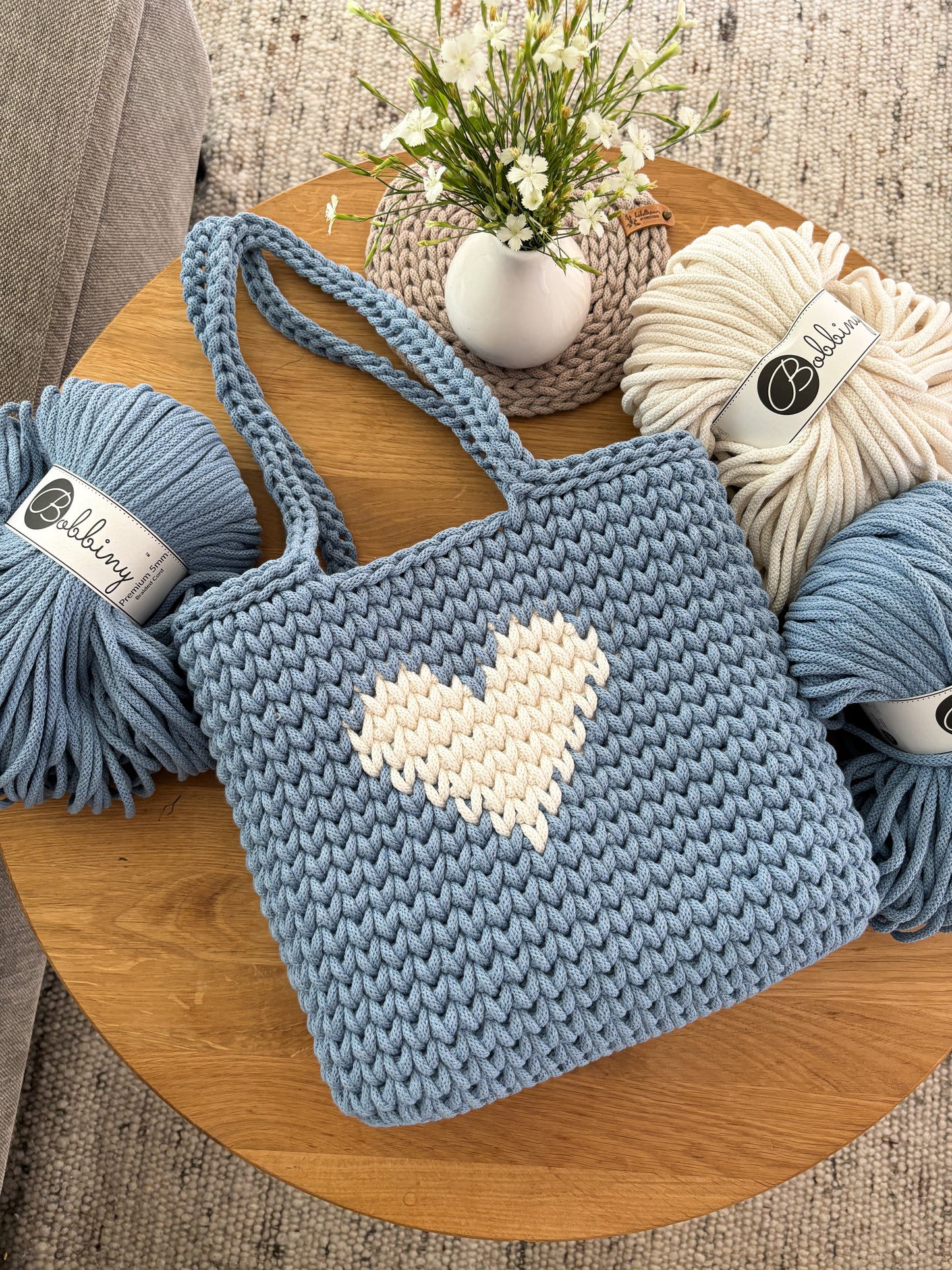 Häkeltasche "Herz" Shopper, Umhängetasche, Strandtasche,