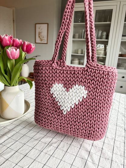 Häkeltasche "Herz" Shopper, Umhängetasche, Strandtasche,