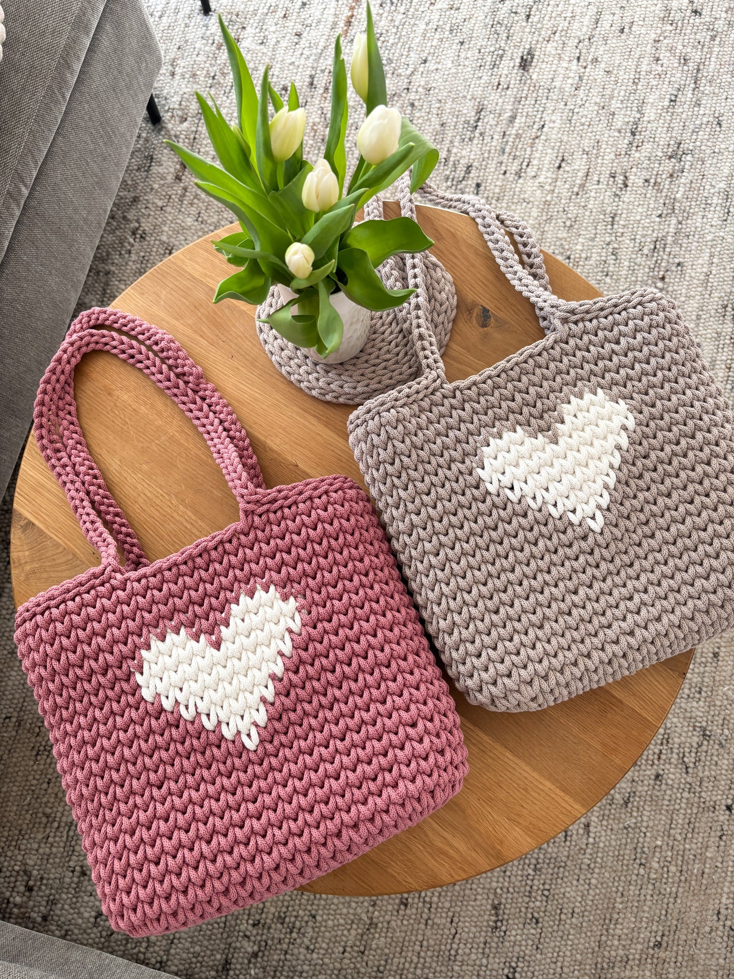 Häkeltasche "Herz" Shopper, Umhängetasche, Strandtasche,